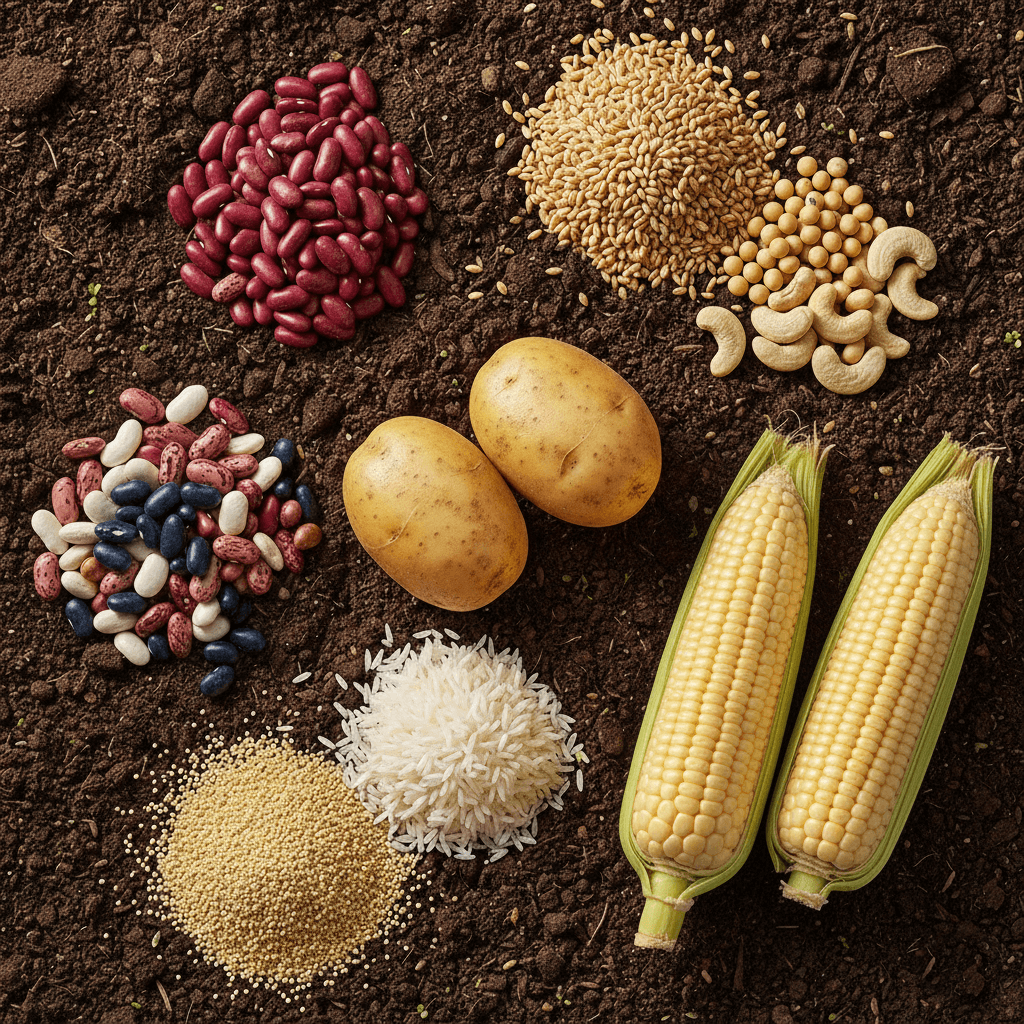 Potatoes, cashew nuts, white maize, white corn, wheat, rice, paddy rice, soya beans, beans, soya seeds