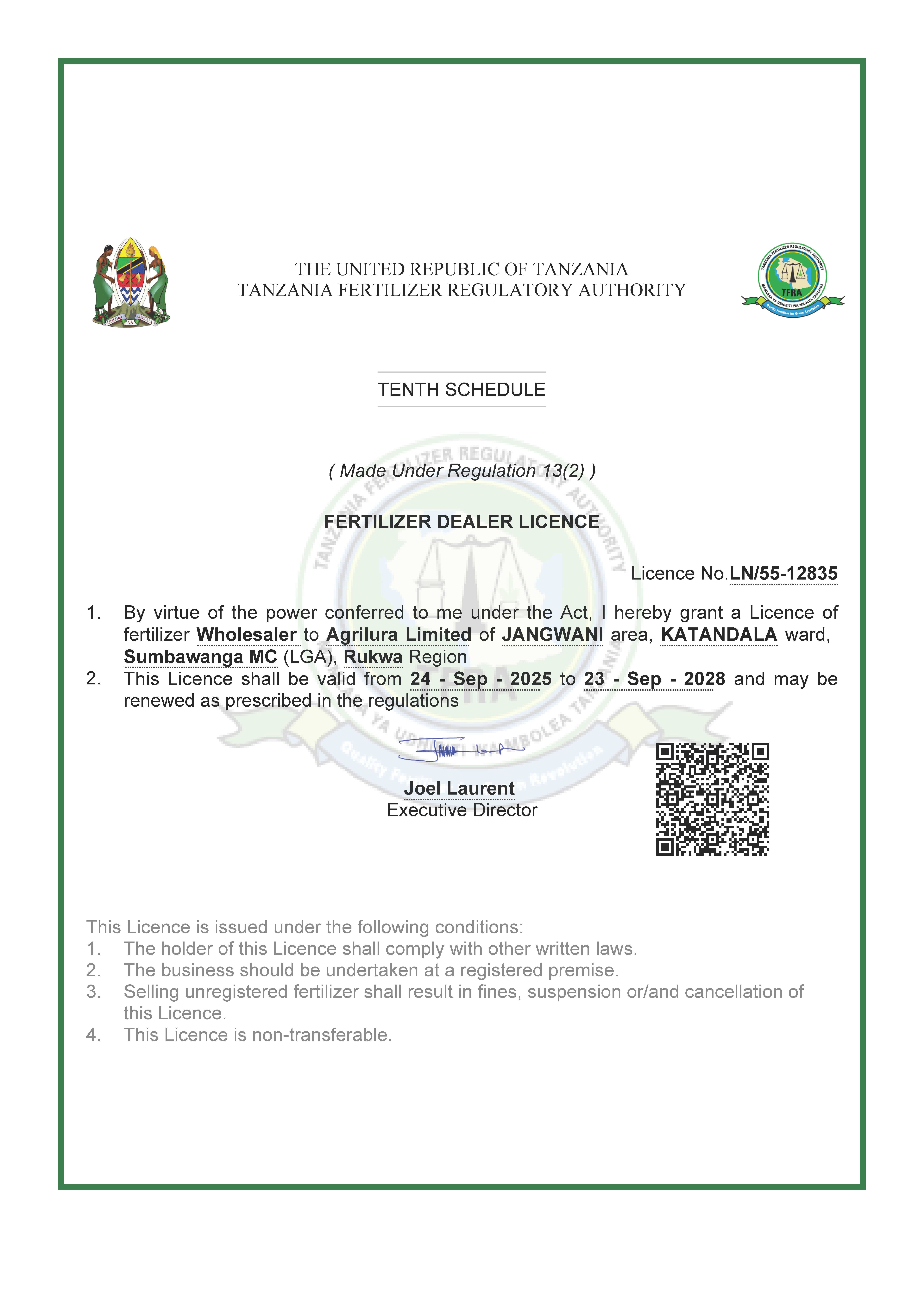 Fertilizer distribution licensed